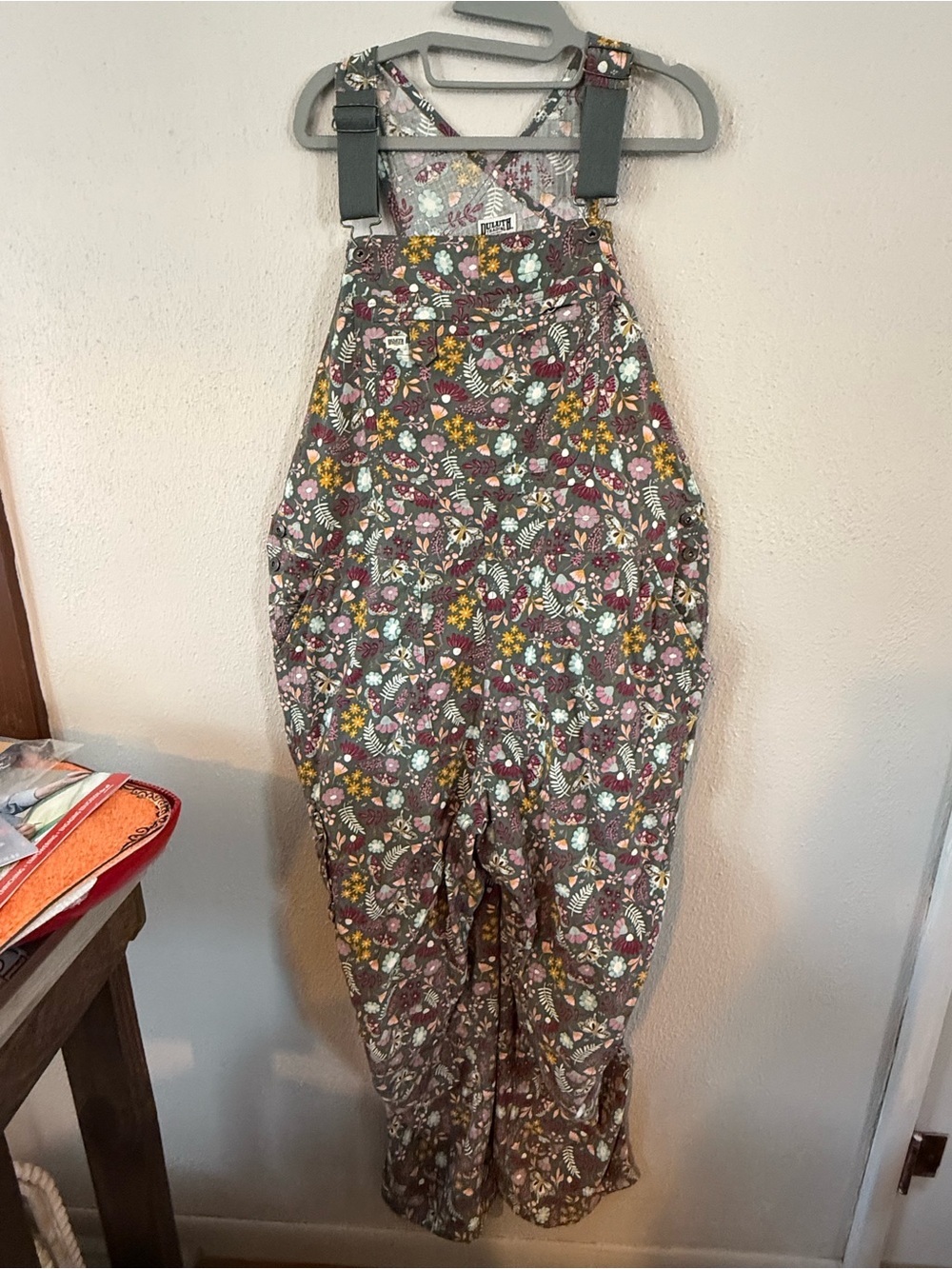 Womenโs Duluth Trading Co Floral Overalls in Gray and Pink